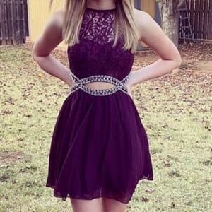 Purple rhinestone and lace short formal dress